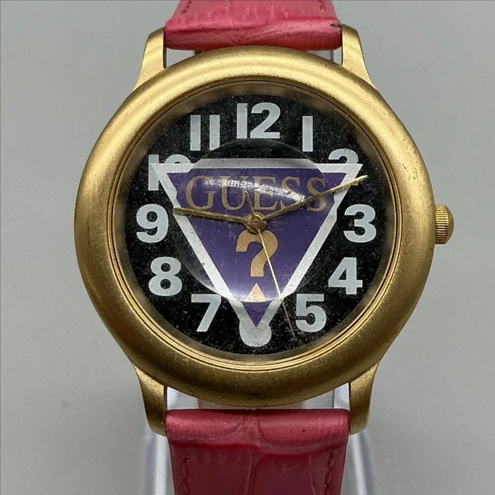 Vintage Guess Womens Watch 36mm Black Purple Logo Dial Pink Leather New Battery